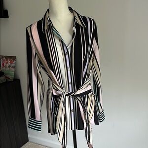 Black and White Striped Button Down Shirt with Tie Front